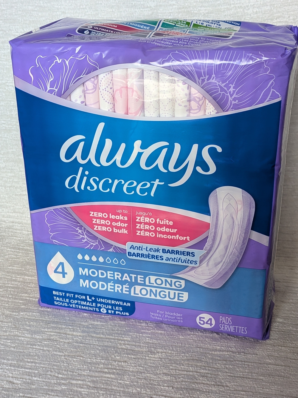 Always Discreet Moderate 4 Long Pads - 54 count Pack NWT